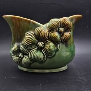 Brush Pottery Green Brown Flower Vase Vintage Ceramic